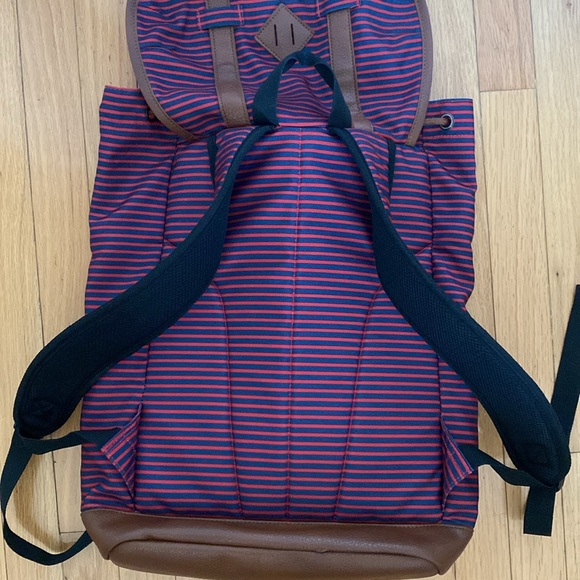 BENRUS Scout Backpack Large Red Blue Striped Leather Straps School Travel 19" - Picture 10 of 12